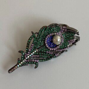 Vintage Faux Pearl Peacock Feather Green Blue Black Brooch Pin Rhinestone Retro